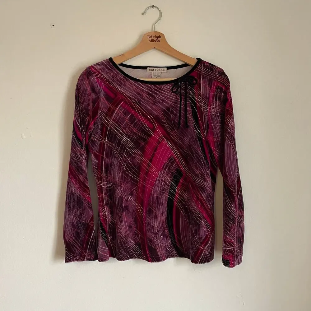 VTG Y2K Pink Metallic Velvet Long Sleeve Bow Neckline SZ SMALL Clueless 90s EUC - Picture 10 of 10